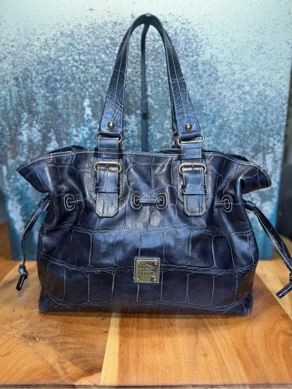 Dooney & Bourke Luxe Y2K Vintage Soft Croc Medium Chiara Drawstring Tote Black